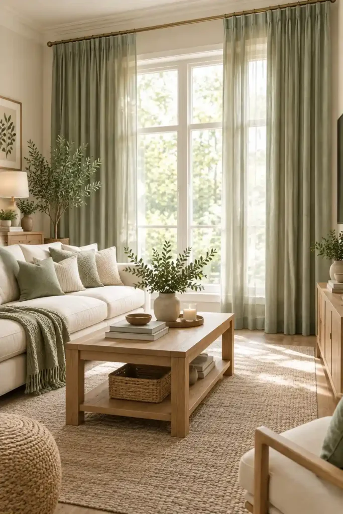 Soft sage green curtains paired with cream furniture and natural wood in a calm living room.