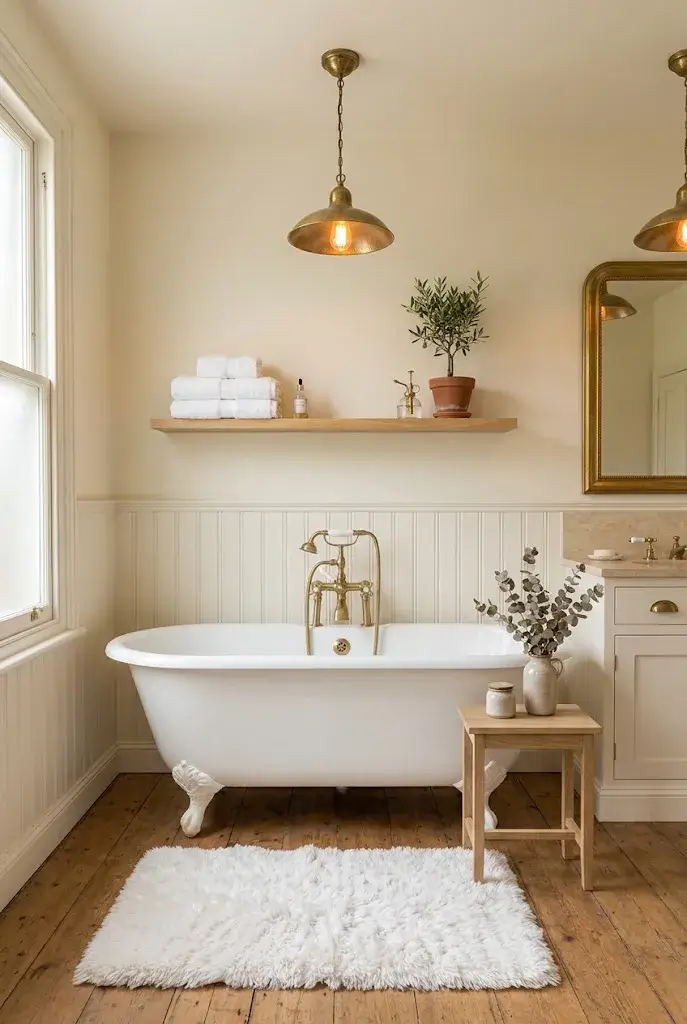 Soft white bathroom rug creating a peaceful spa-like bathroom