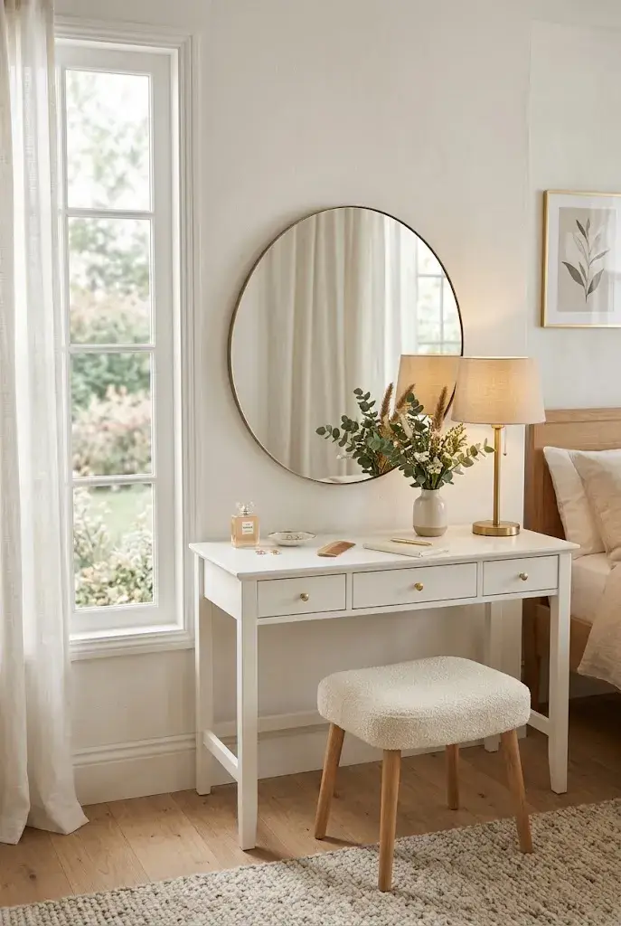 Soft white bedroom vanity with round mirror, cream stool, greenery, and warm lighting.