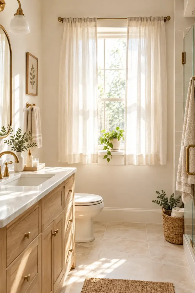 Soft white linen curtains creating a bright and relaxing bathroom window