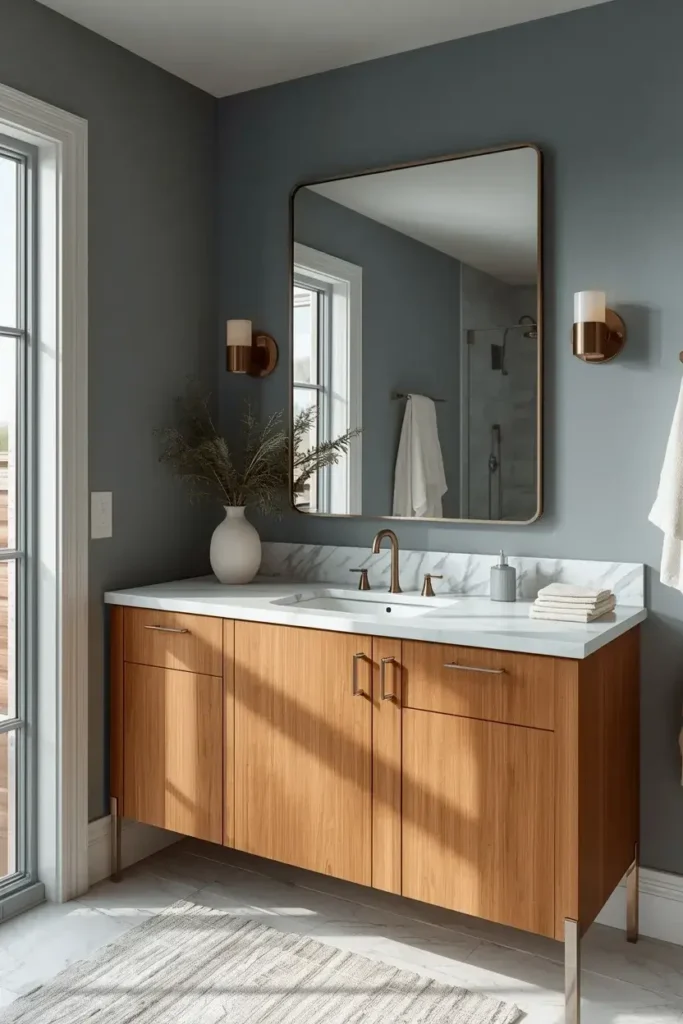 Sophisticated blue-gray bathroom with marble countertop, natural wood vanity, and soft neutral accents.