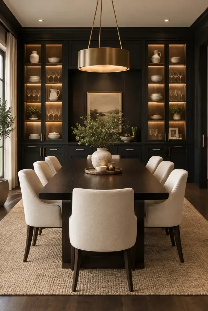 Sophisticated dining room with black cabinetry displaying white ceramics and glassware.