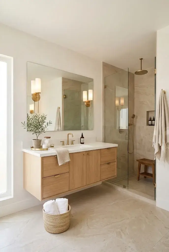 Spa-inspired bathroom with beige tones, natural stone, warm wood vanity, and soft lighting.