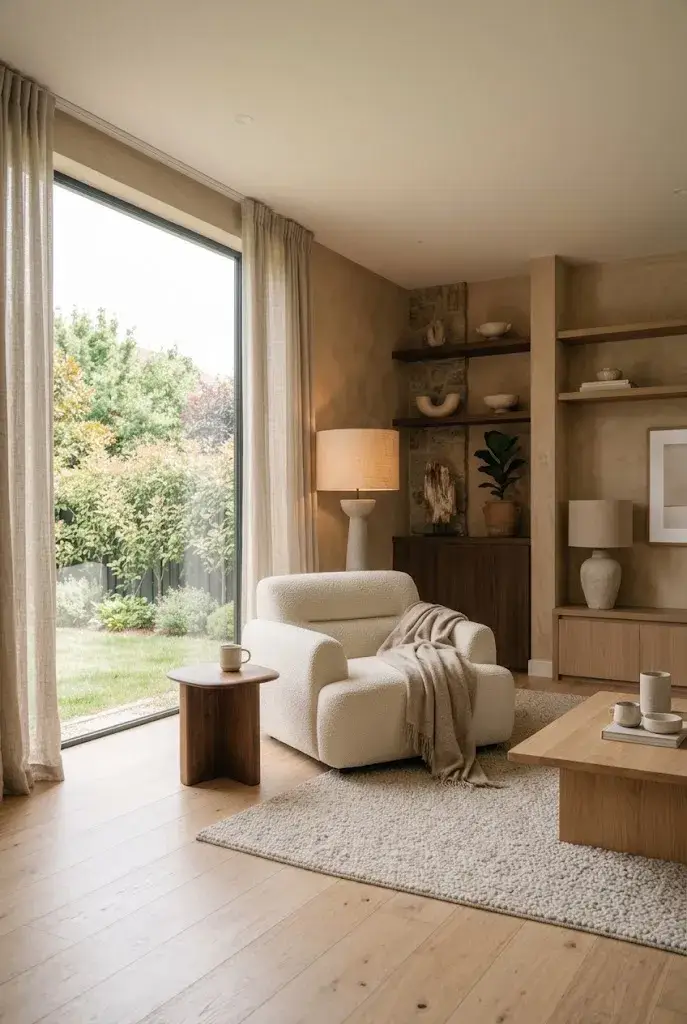 Spacious Japandi living room with balanced furniture placement and calming open space.