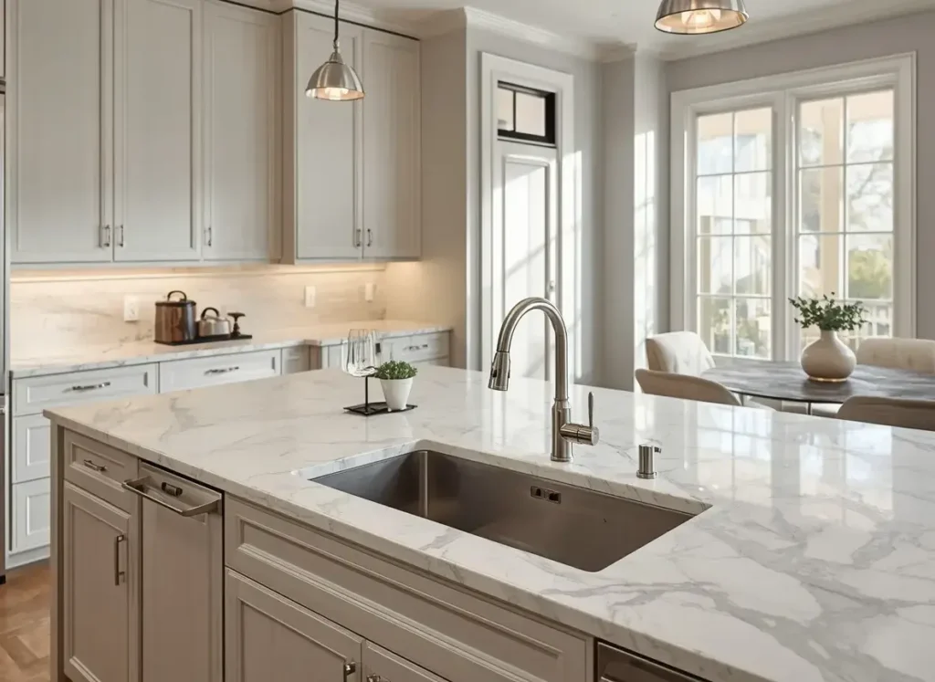 Stainless steel sink set into a white marble kitchen island