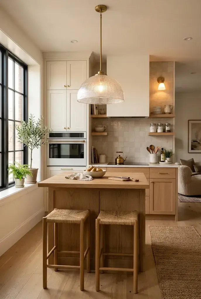 Stylish apartment kitchen with a statement pendant light above a compact island.
