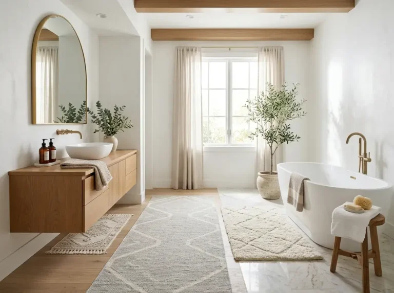 Stylish bathroom with cozy rugs and modern neutral decor