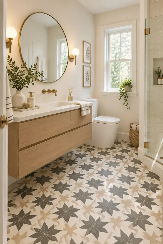Stylish bathroom with geometric statement floor tiles, modern vanity, and neutral walls.