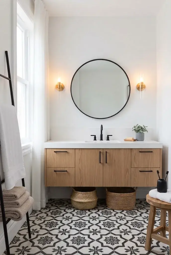 Stylish bathroom with patterned black and white floor tiles and simple modern fixtures.