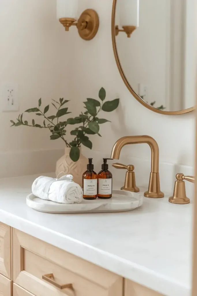 Stylish guest bathroom vanity with soap, lotion, folded towel, and greenery
