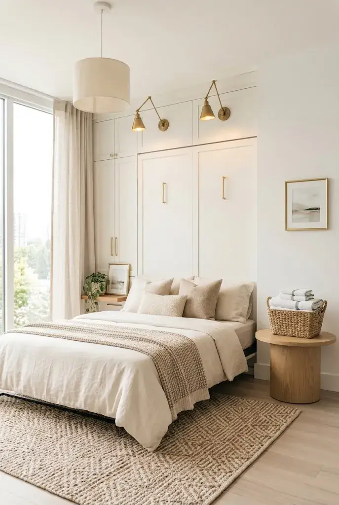 Stylish guest room featuring a white Murphy bed and cozy hotel-inspired decor