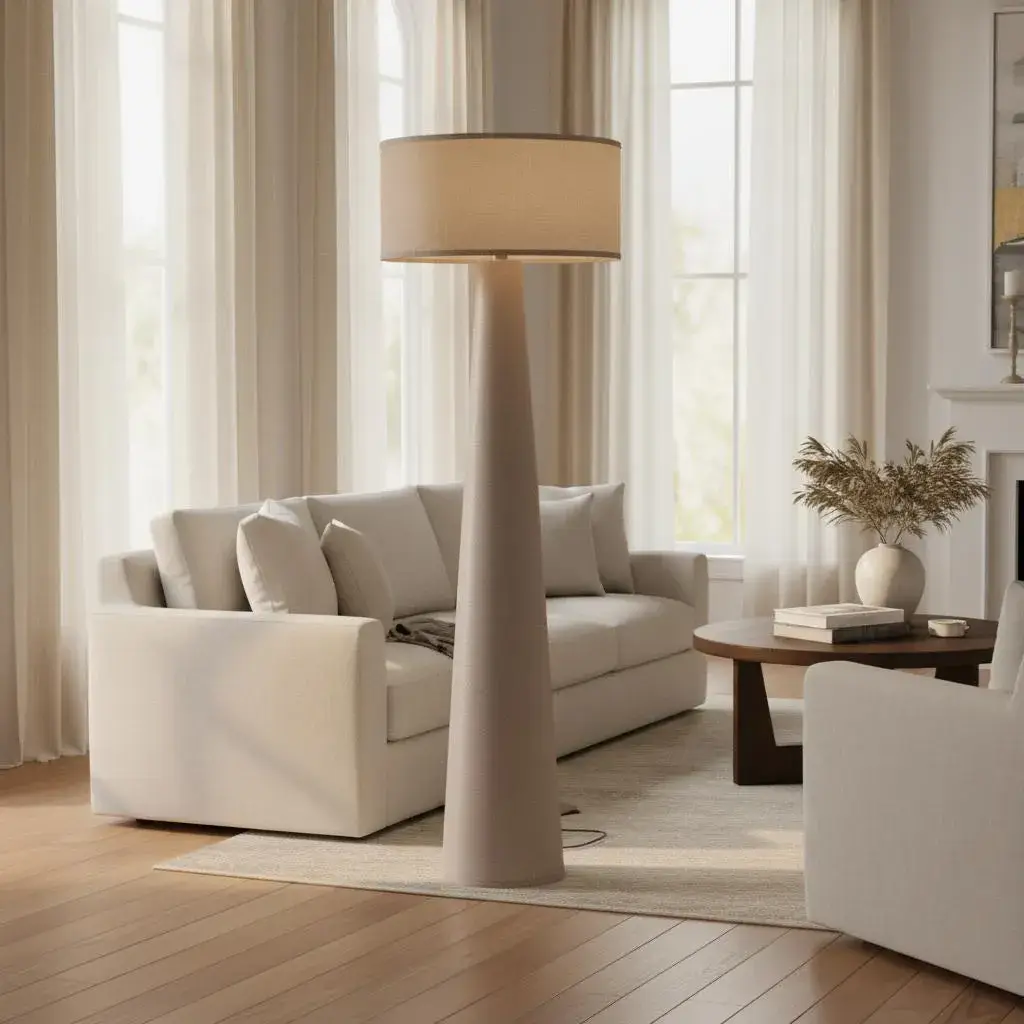 Tall floor lamp positioned beside a beige sofa in a warm modern living room.