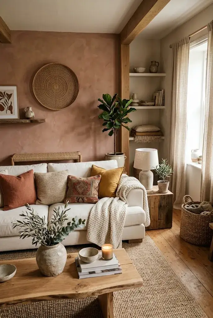 Terracotta accent wall with ivory sofa and natural wood decor in a cozy living room