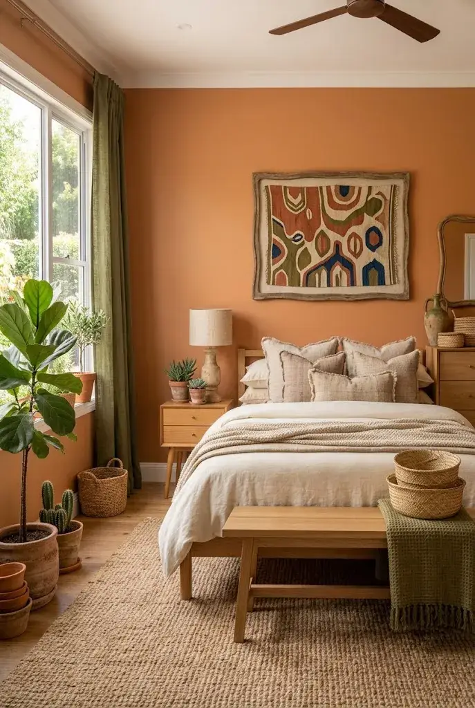 Terracotta orange bedroom with olive green curtains, plants, wooden furniture, and earthy decor.