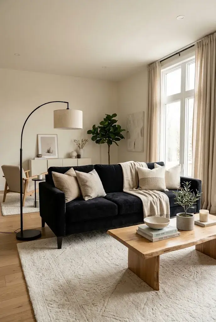 Textured black couch with neutral cushions and warm decor in a stylish living room.