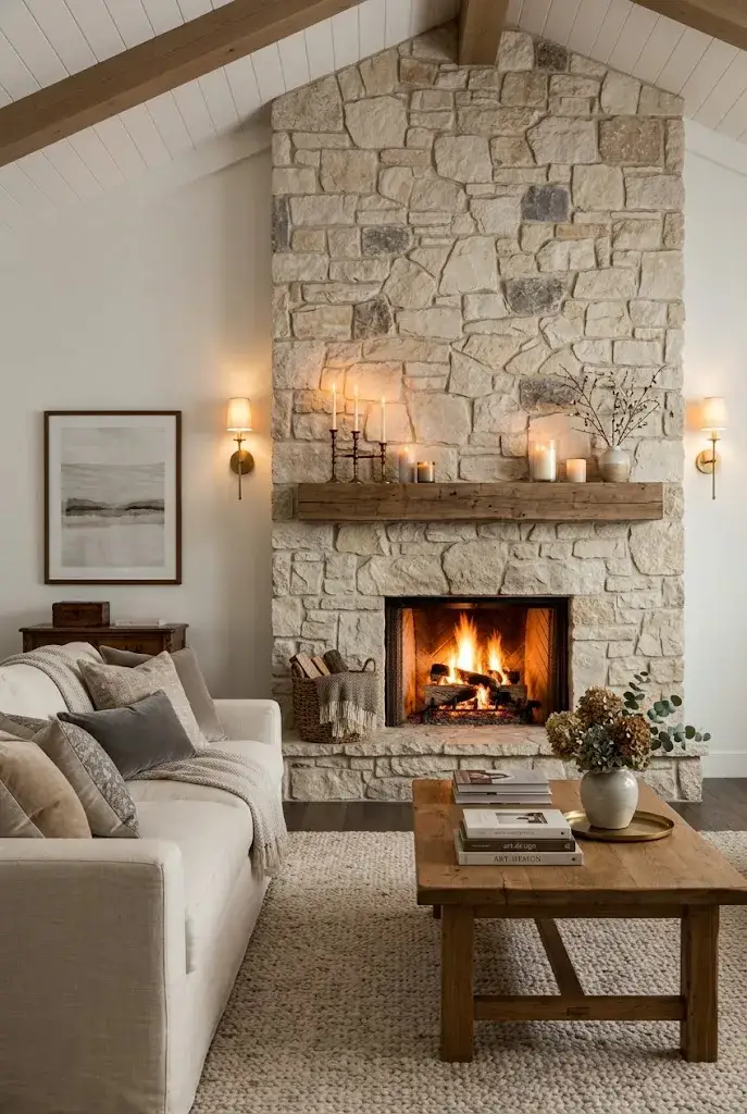 Textured fireplace accent wall serving as the focal point of a cozy living room