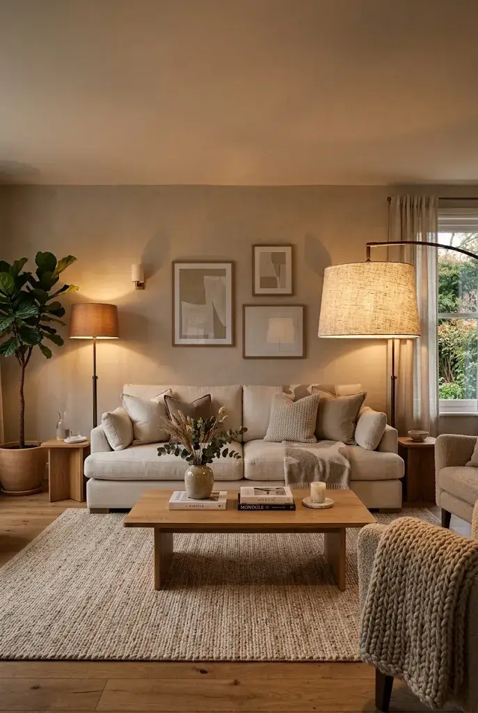 Textured linen shade floor lamp creating a soft glow in a cozy neutral living room.