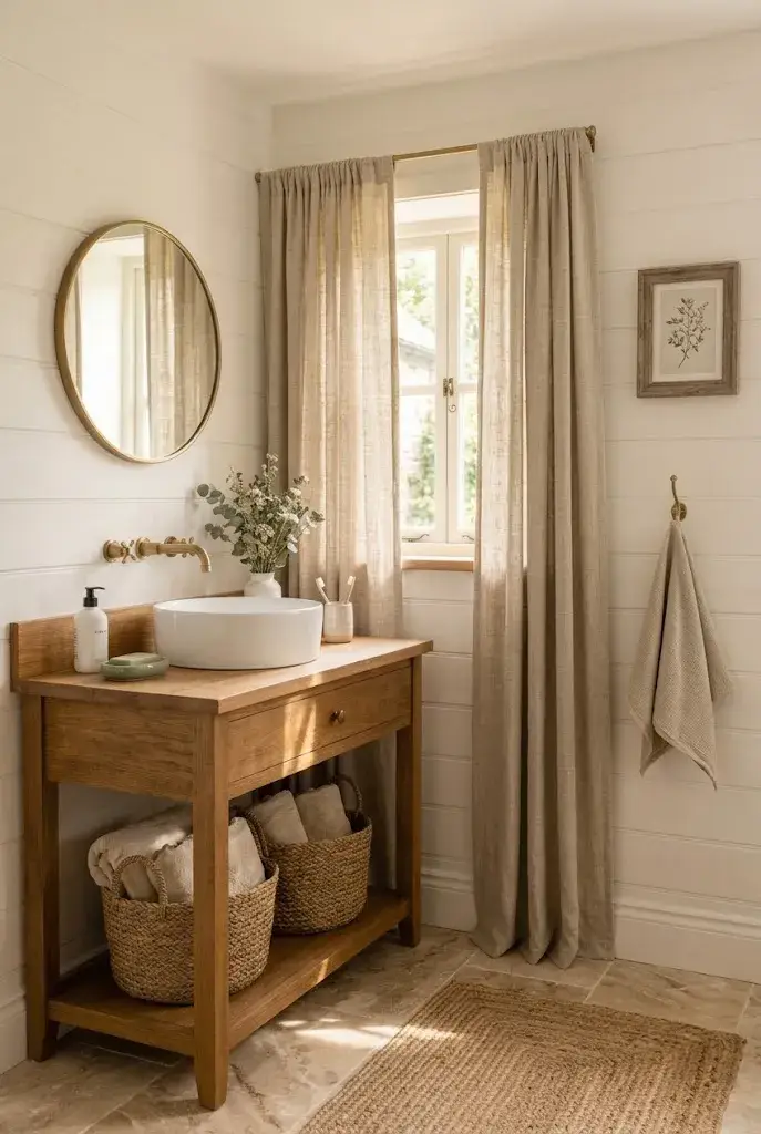 Textured neutral curtains adding warmth and sophistication to a bathroom window