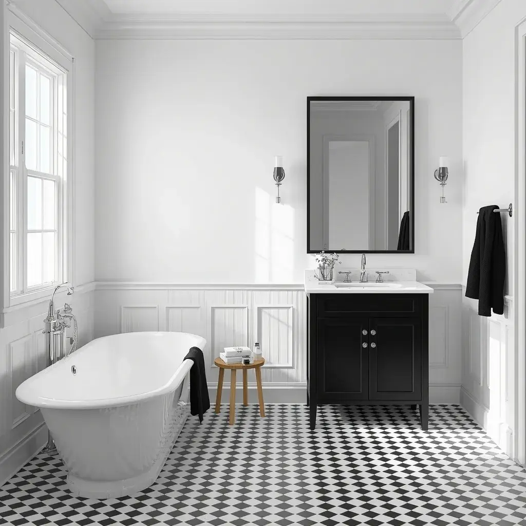  Timeless black and white bathroom with checkerboard floor, white walls, and black vanity.