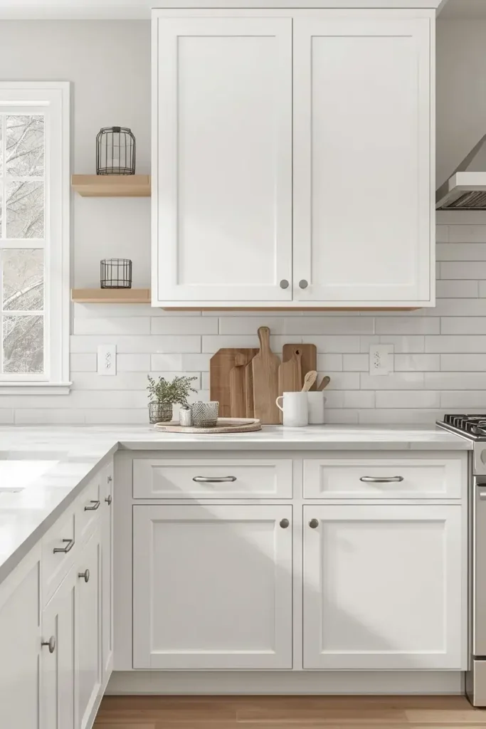 Timeless white kitchen with glossy subway tile backsplash