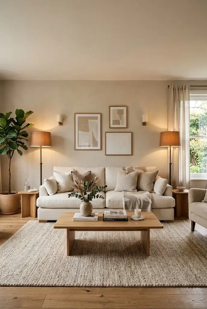 Two matching floor lamps creating balance around a cream living room sofa.