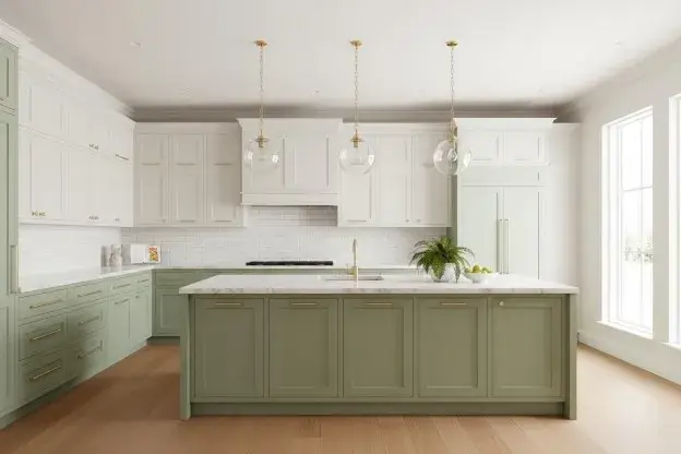 Two tone L shaped kitchen with sage green lower cabinets, white upper cabinets, and island.