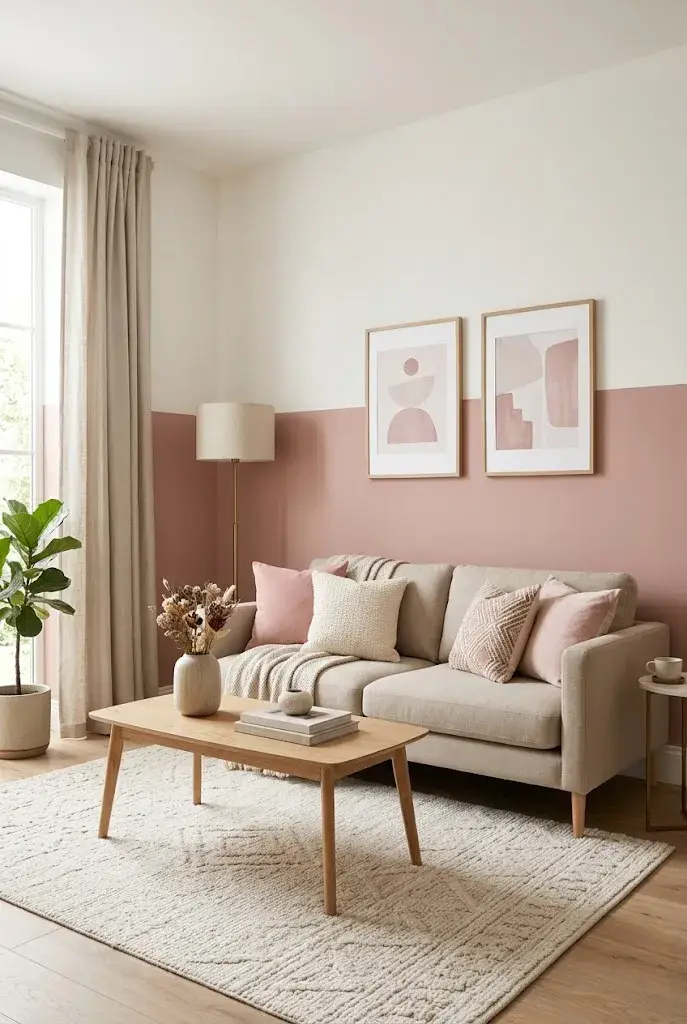 Two-tone dusty pink and warm white accent wall in a stylish living room