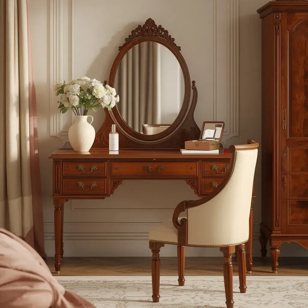 Vintage-inspired bedroom vanity with carved wood desk, antique mirror, and cream chair.