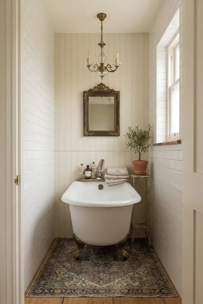 Vintage patterned rug adding character to a classic bathroom