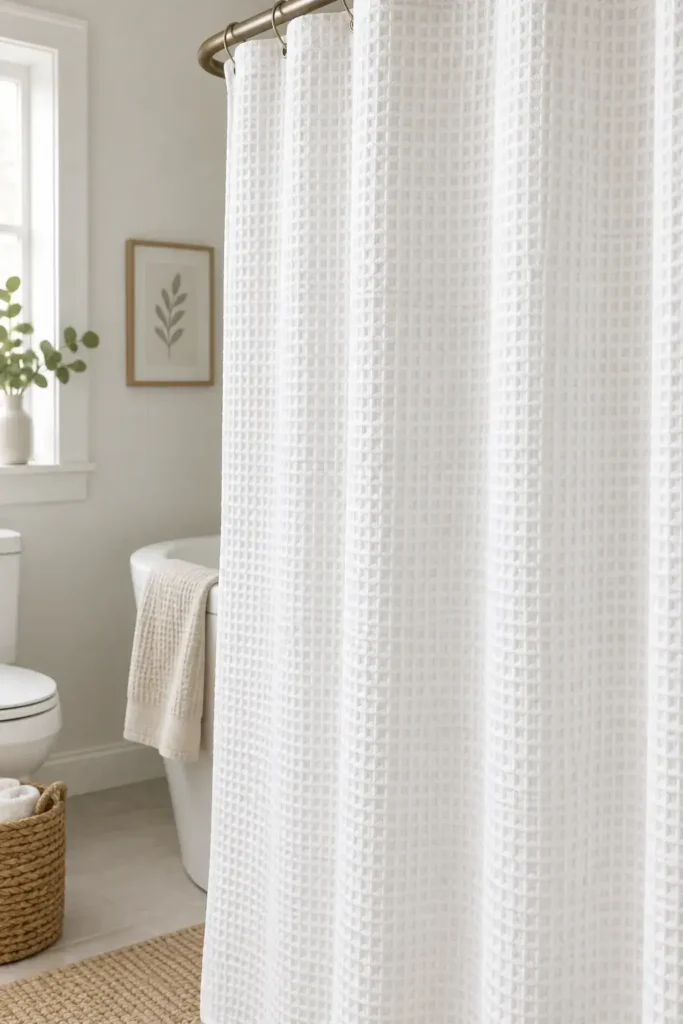 Waffle weave textured curtain adding subtle detail to bathroom decor