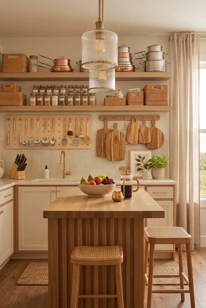 Warm apartment kitchen with natural wood shelves, stools, and white cabinets.