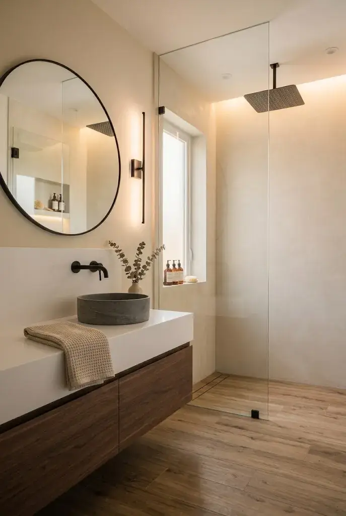 Warm bathroom featuring natural wood vanity, beige walls, stone flooring, and organic accents.