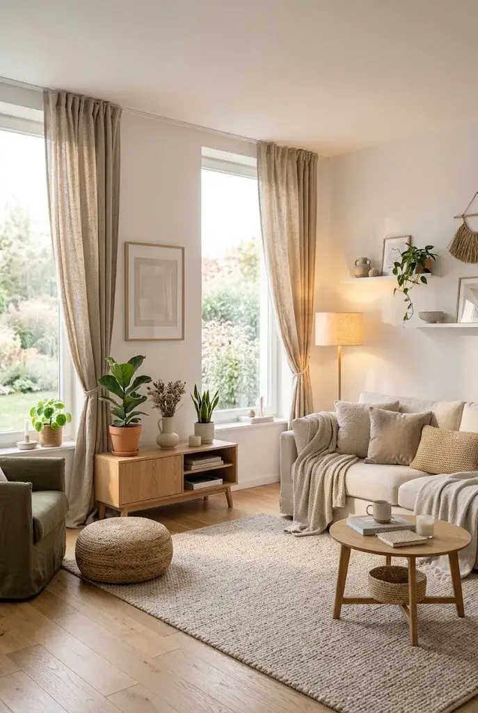 Warm beige curtains creating a cozy and elegant neutral living room.
