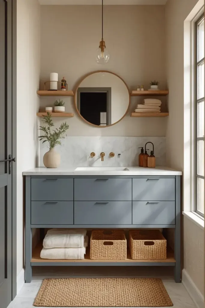 Warm blue bathroom with natural wood vanity accents, woven baskets, cream towels, and brass fixtures.