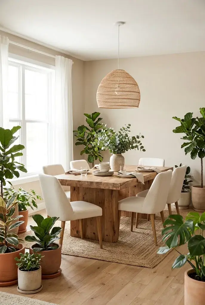 Warm dining room decorated with green plants, leafy branches, natural wood, and neutral furniture.
