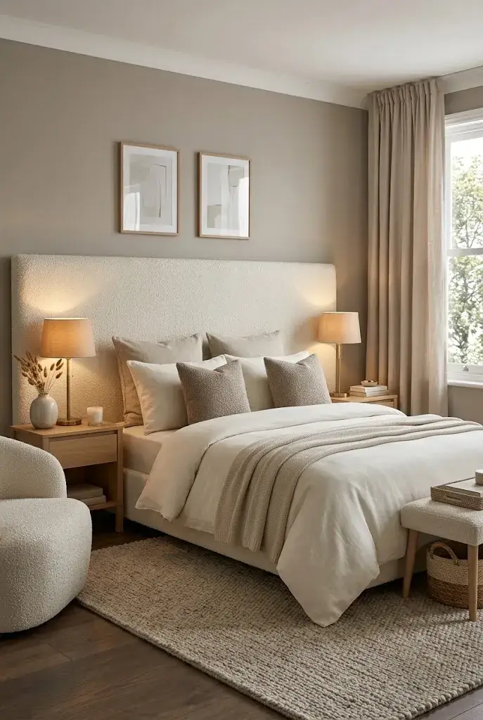 Warm master bedroom with natural wood furniture and neutral bedding