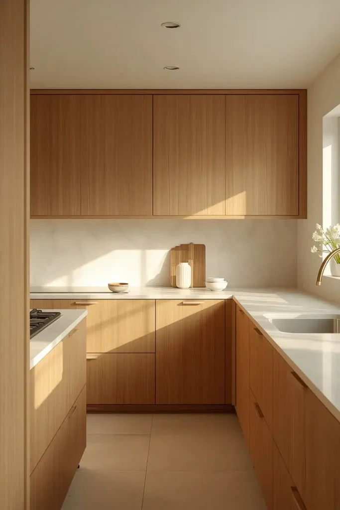 Warm oak cabinets and cream tones create a calm Japandi kitchen with natural textures.