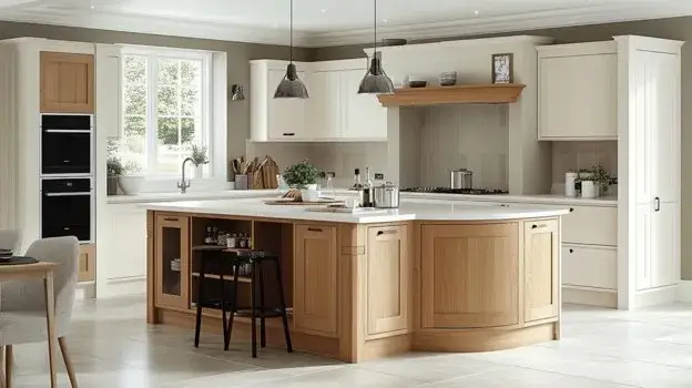 Warm oak kitchen island with cream cabinets in a cozy L shaped kitchen.