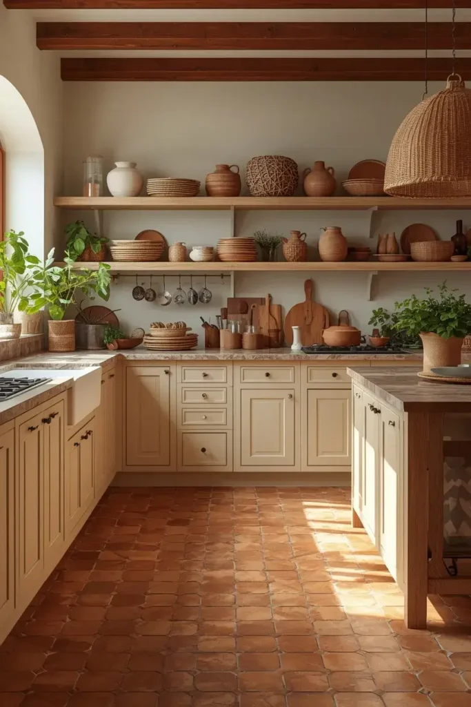  Warm terracotta kitchen tile floor with cream cabinets, natural wood, ceramics, and greenery.