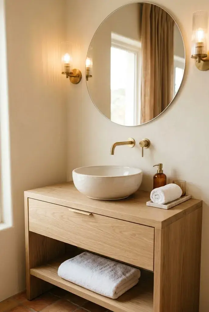 Warm white vessel sink on a light wood vanity with brass fixtures and soft lighting.