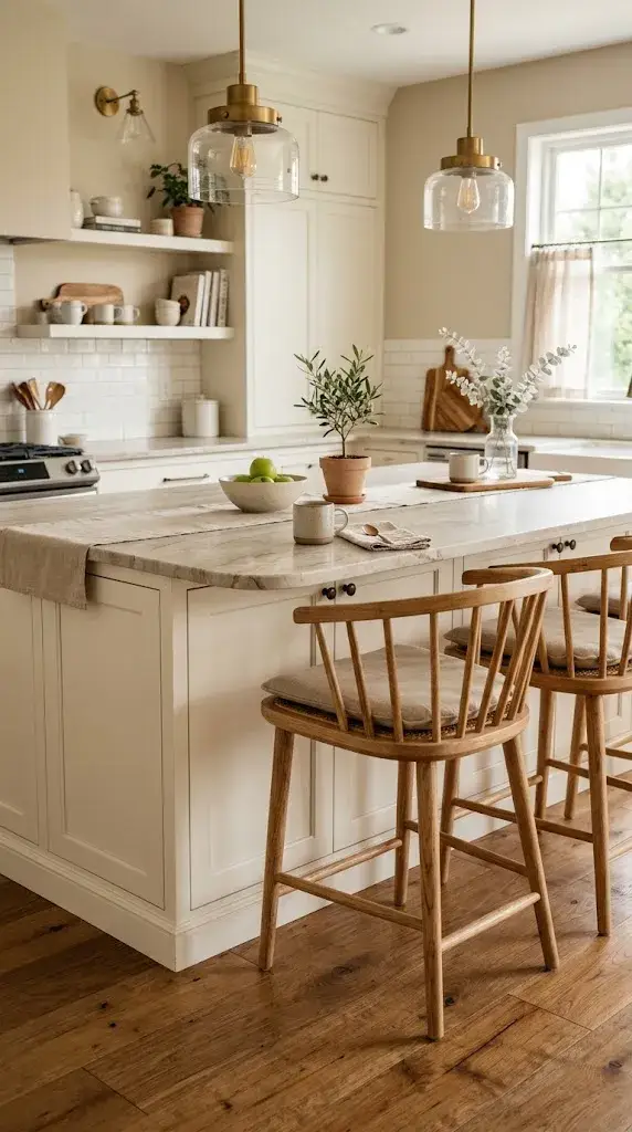 Warm wooden bar stools around a cozy kitchen island with cream cabinets.