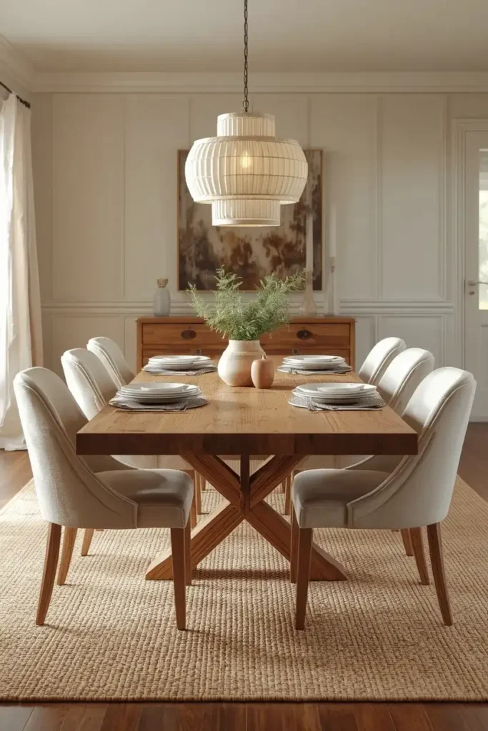 Warm wooden dining table with cream chairs and cozy neutral decor