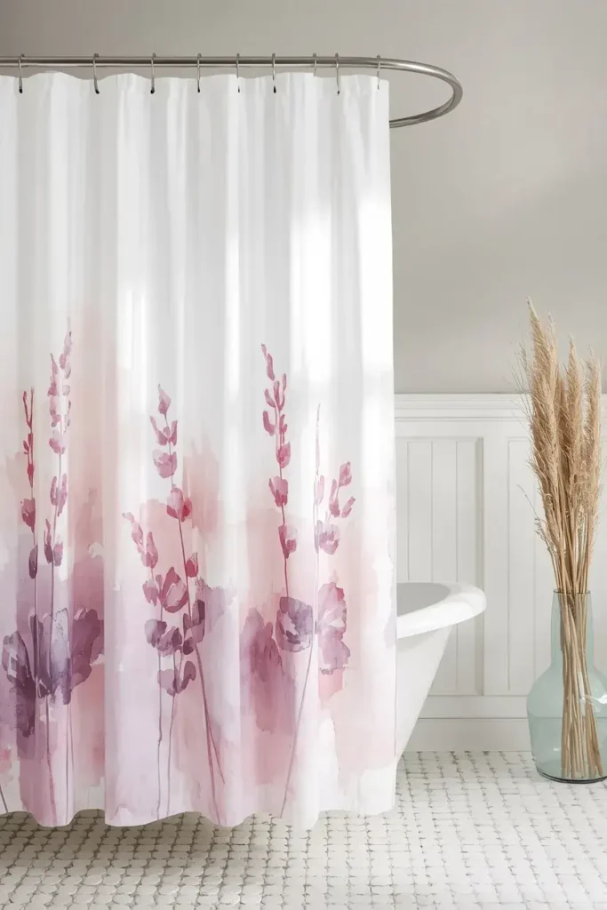Watercolor print curtain creating a dreamy calm bathroom atmosphere