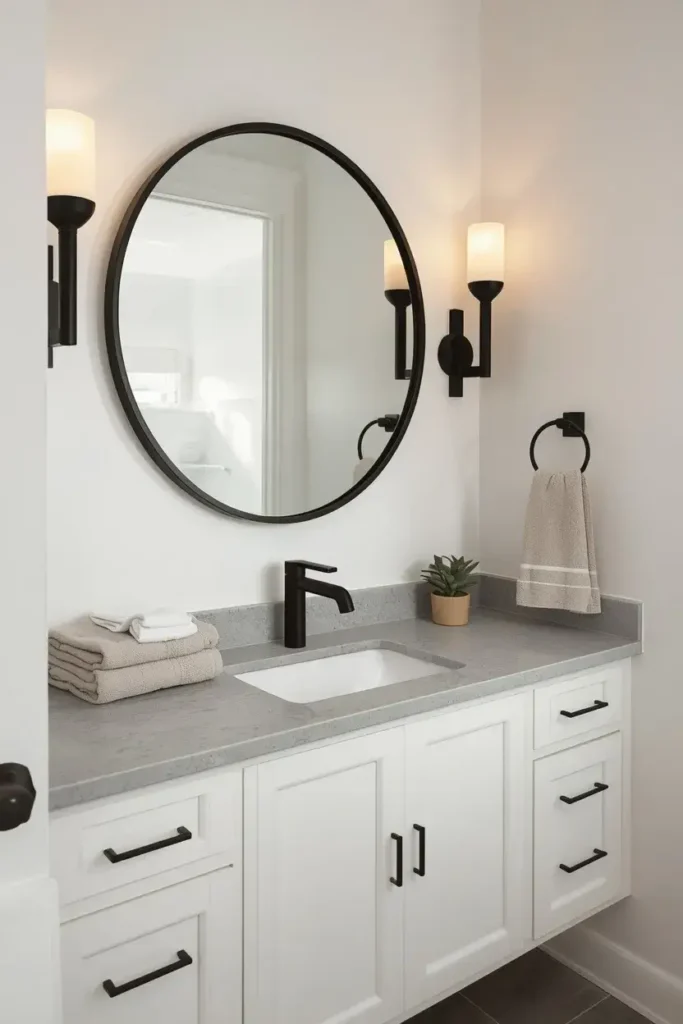 White bathroom with a round black-framed mirror, black sconces, and minimalist vanity.
