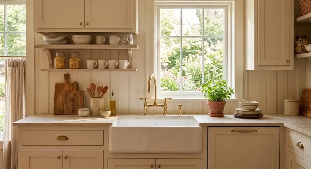 White bead board backsplash behind a farmhouse kitchen sink