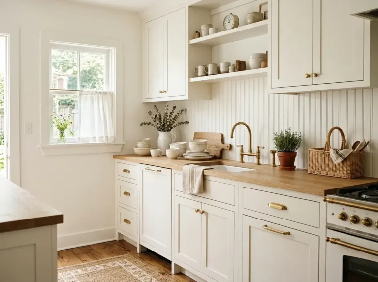 White bead board backsplash kitchen with warm farmhouse decor