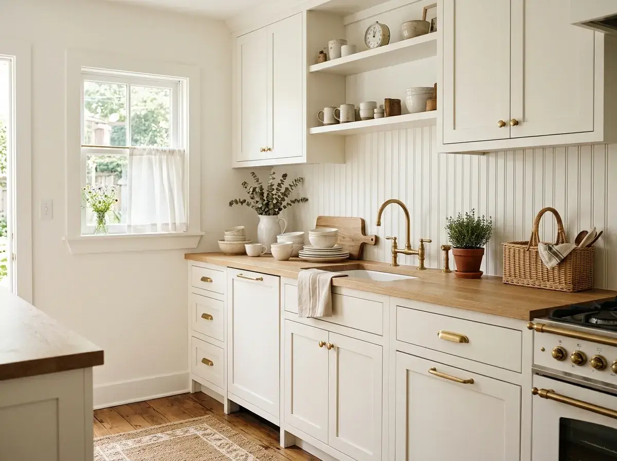 White bead board backsplash kitchen with warm farmhouse decor