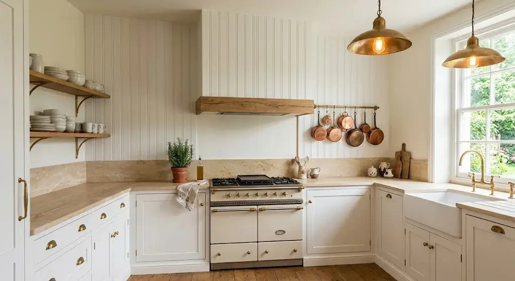 White bead board backsplash surrounding a farmhouse kitchen range hood