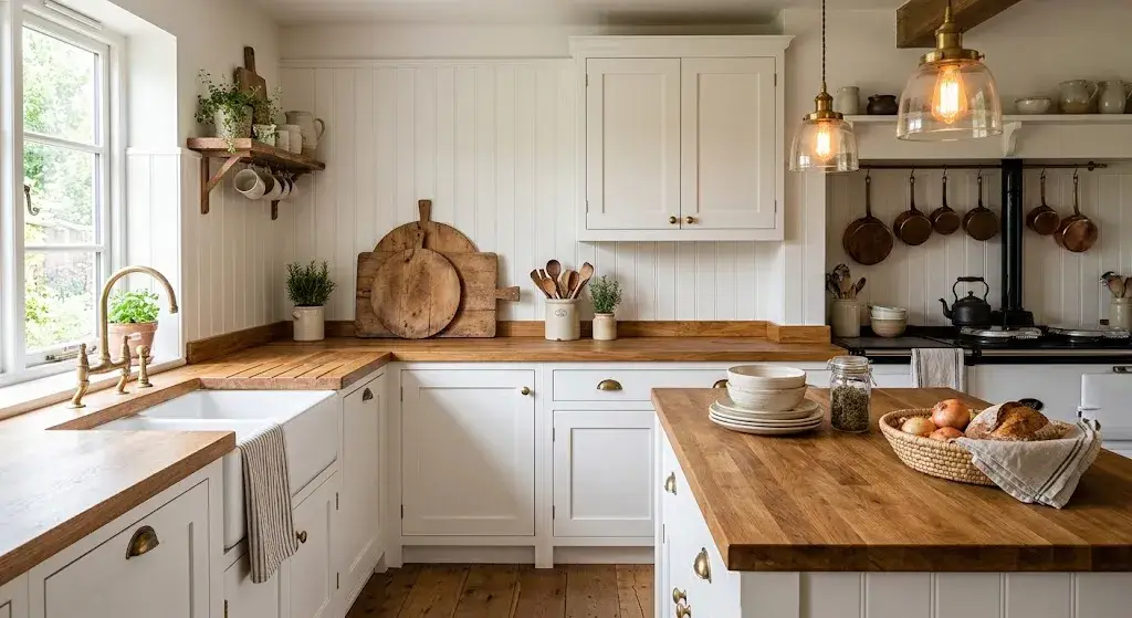 White bead board backsplash with butcher block kitchen countertops