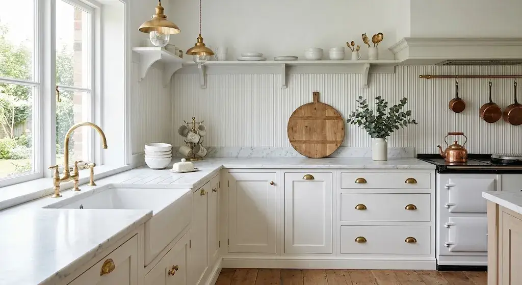 White bead board backsplash with marble kitchen countertops